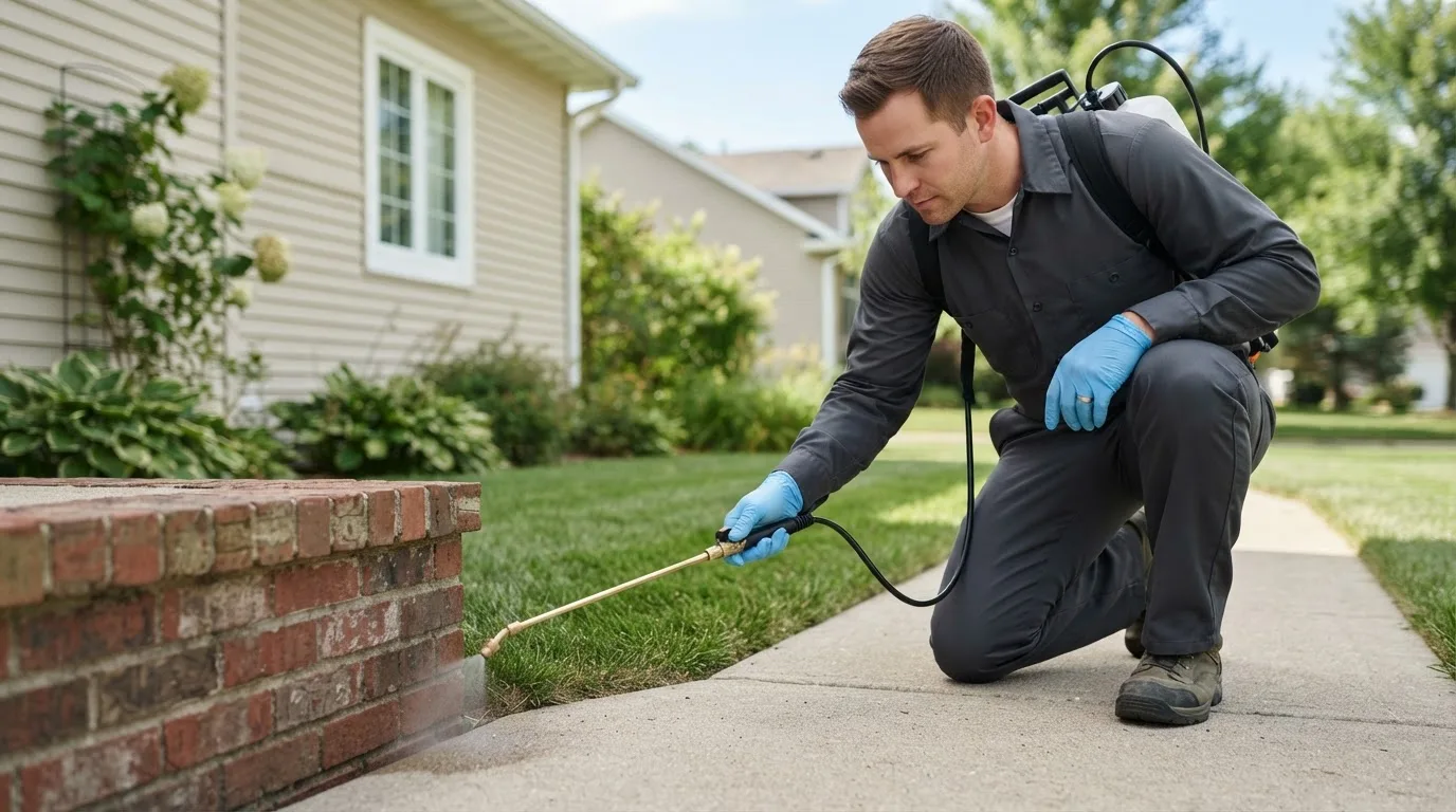 Pest control technician treating a home near Horntown, VA