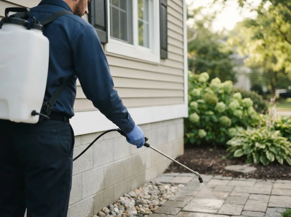 Pest control technician inspecting a home in Horntown, VA
